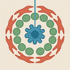 Abstract representation of a cell undergoing ferroptosis with a central blue shape, encircled by green dots, and outer red membrane resembling petals.