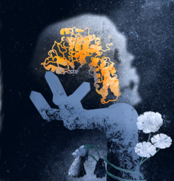 Silhouette of a hand holding an orange protein model, superimposed over a faint skull-like shape in the background. The composition evokes a Hamlet-like existential scene.