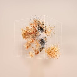 Abstract 3D representation with orange and black particles in a transparent cube.